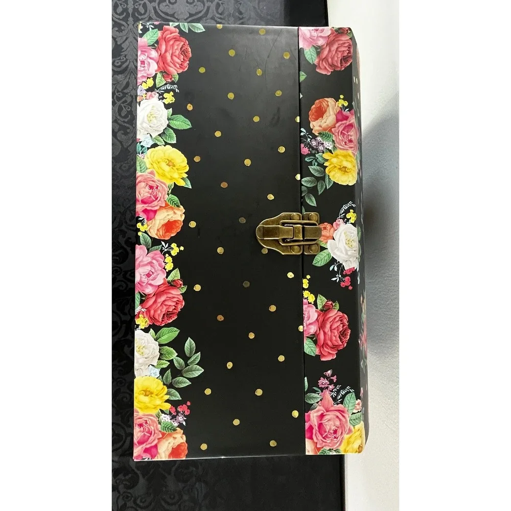 Floral Polka Dot Decorative Storage Trunk Black Pink Rose Gold Latch Chest 15.5